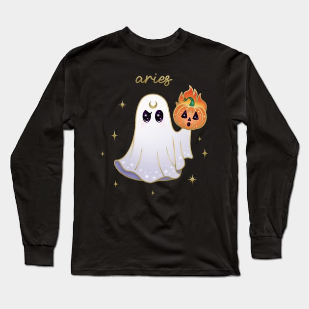 Aries Pumpkin Ghost with Aries Long Sleeve T-Shirt by moonstruck crystals